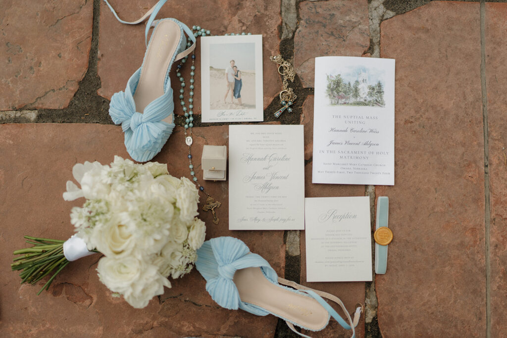 Editorial luxury wedding flatlay created by a Catholic photographer in Phoenix, Arizona