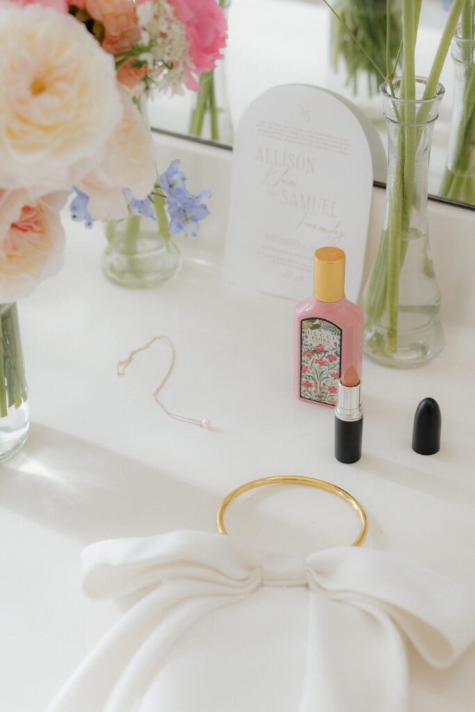 Sophisticated wedding detail flatlays, shot by a luxury Phoenix wedding photographer specializing in Catholic weddings