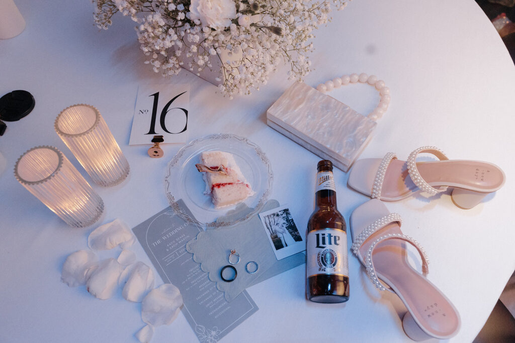 Sophisticated wedding flatlay shot by a luxury Scottsdale wedding photographer specializing in Catholic weddings