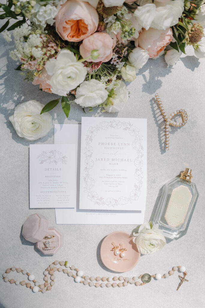 True-to-color luxury flatlay of wedding details by a Phoenix-based photographer.